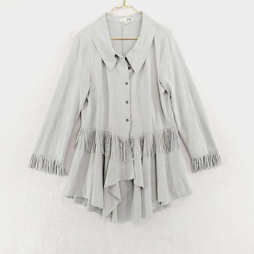 Joh Light Gray Western Fringe Detail Ruffle Bottom Button Down Shirt P6815